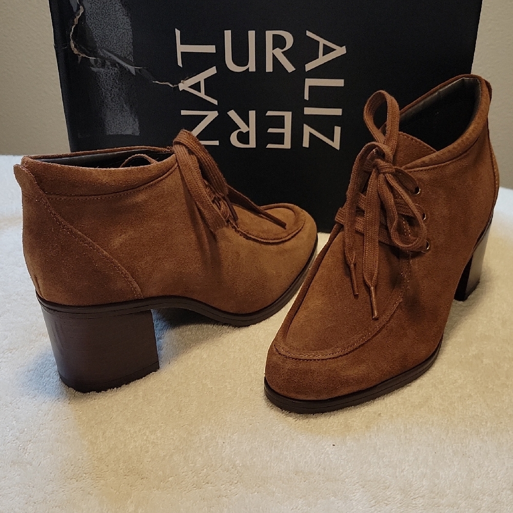 Naturalizer "Lesson" Chestnut Suede Heeled Booties with Lace-Up Design, NIB